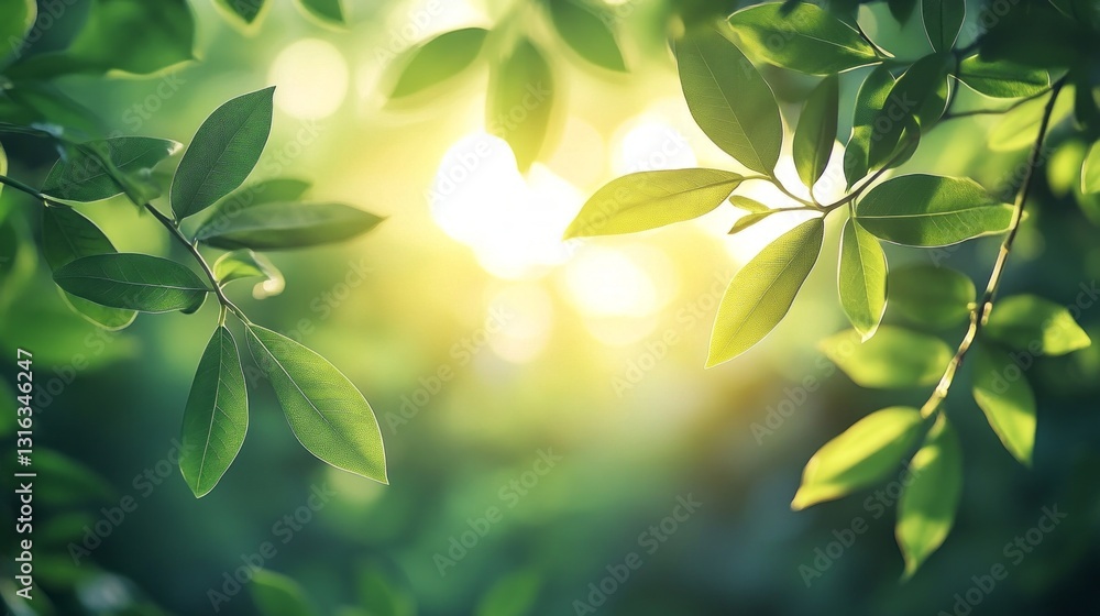 Poster morning light bathes the forest in a warm glow as fresh green leaves sway gently in a soft breeze. n