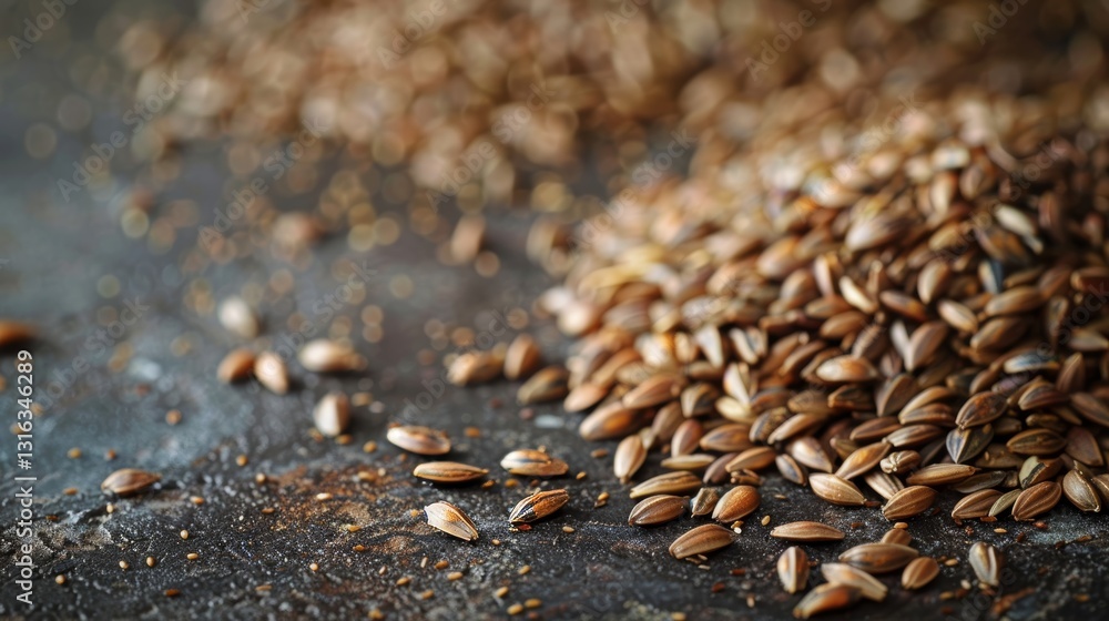 Poster milk thistle seeds scattered on a table with empty space for text or image placement