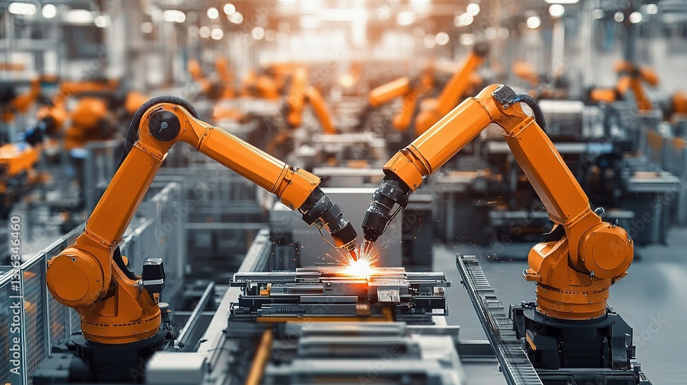 Poster advanced robotic arms welding components in high-tech environment