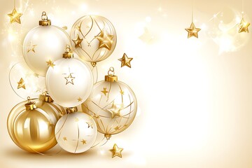 Sophisticated Golden and White Christmas Baubles with Star Accents Artwork