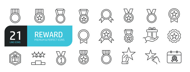 Set of line icons related to award, reward, medal. Outline icons collection. Editable stroke. Vector illustration