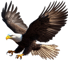 A majestic bald eagle in mid-flight with its wings fully spread, showcasing detailed brown and white feathers