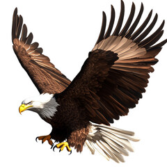 Obraz premium A majestic bald eagle in mid-flight with its wings fully spread, showcasing detailed brown and white feathers