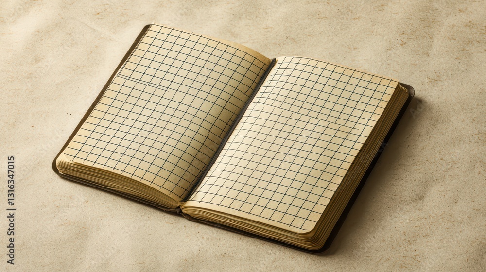 Poster open notebook on textured paper: a detailed view of an open, grid-lined notebook, its aged pages res