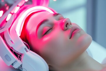 A person undergoes a hair growth therapy session featuring red LED laser light directed at the scalp. The sleek and modern clinic enhances the futuristic aesthetic
