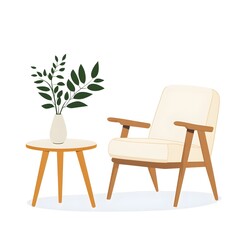 Stylish Mid Century Modern Armchair and Round Coffee Table with Greenery Decor