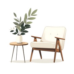 Fototapeta premium Stylish Mid Century Modern Armchair with Minimalist Coffee Table and Houseplant