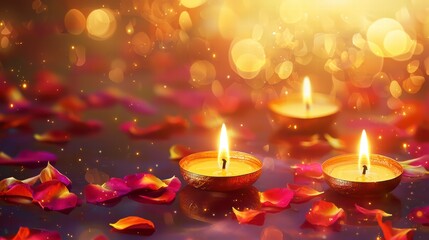 Golden Light and Petals: Four golden candles, their flames dancing in the warm light, are scattered amidst rose petals and shimmering bokeh.  The scene evokes a sense of tranquility, reflection.