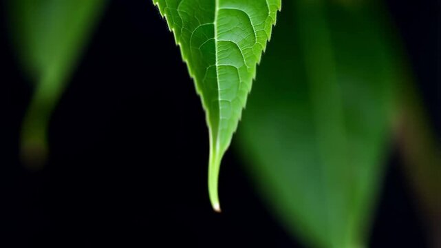 Close-Up of Vibrant Green Leaf with Dark Blurred Background