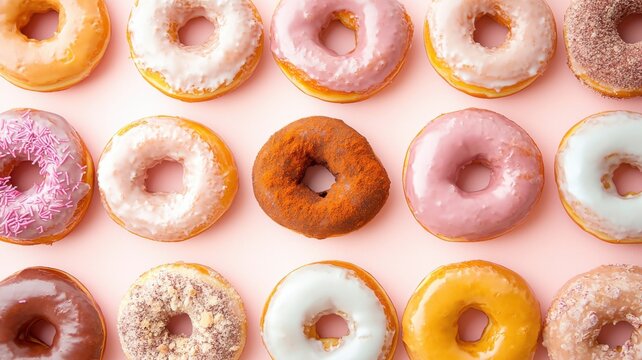 A colorful assortment of donuts arranged neatly on a pink background, showcasing various flavors and toppings.