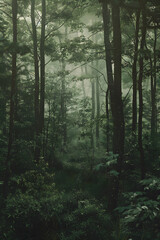 Obraz premium Enchanted Tranquility: The Serene Beauty of a Mystical Forest Bathed in Ghostly Light