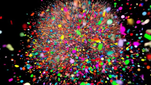 Close up Vibrant Colorful Particle glitter Explosion on a Black Background