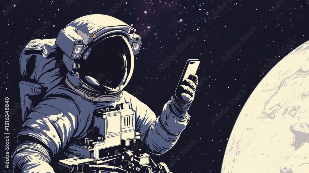 Poster minimalistic astronaut using mobile phone in space illustration with clean lines