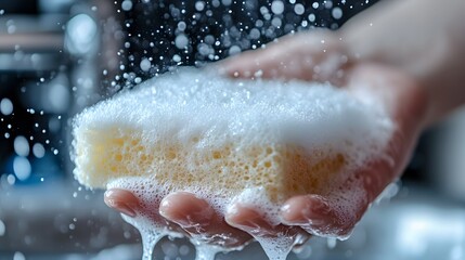 Obraz premium Close up of Hand Holding Sponge with Foamy Detergent Suds for Cleaning