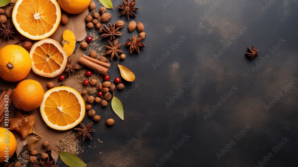 Poster minimalistic clean autumn background with candied oranges nuts and spices