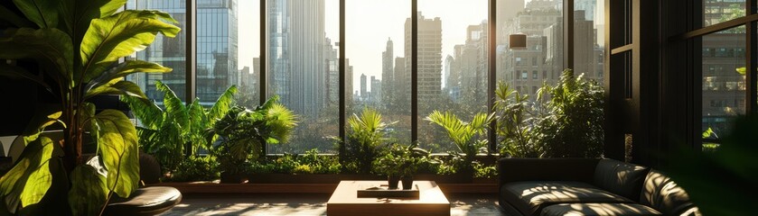 Fototapeta premium Spacious open concept living area adorned with lush, vibrant plants for a refreshing natural ambiance.