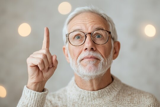A joyful senior man with stylish glasses points upward with enthusiasm in a bright, softly lit home interior. The golden light creates a warm atmosphere, inviting positivity and engagement
