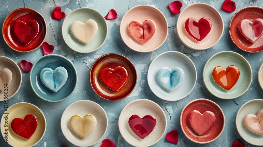 Poster minimalistic flat lay of heart shaped dishes with clean lines and simple background