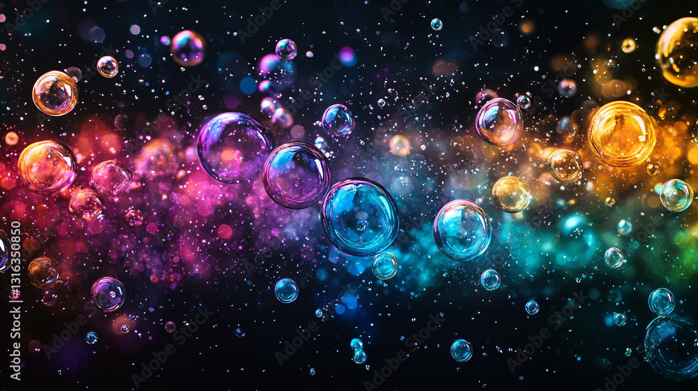 Poster vibrant colorful bubbles abstract background image with rainbow shimmering lights art dark macro