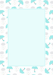Blue umbrella and rain clouds pattern design frame template background.