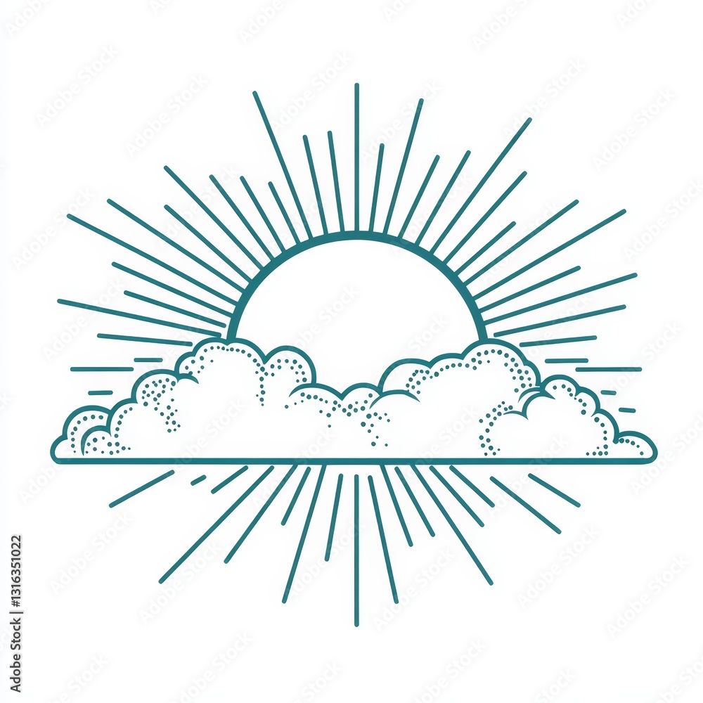 Poster a simple line art piece showing a cloud partially blocking a sun from view
