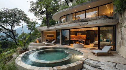 Minimalistic villa with circular architecture and windpowered feature, plunge pool, outdoor kitchen, and fire pit