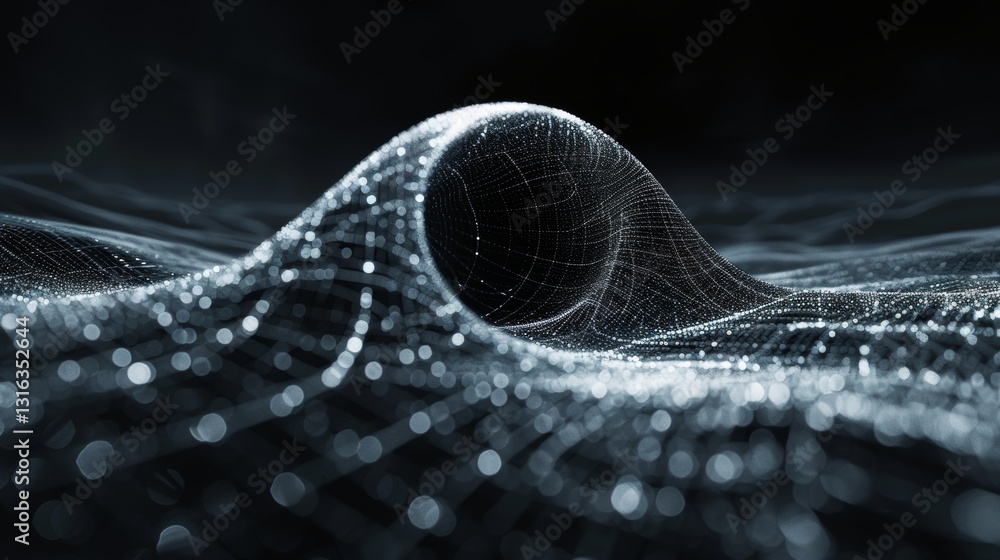 Poster minimalistic wireframe illustration of a black hole in clean lines with abstract physics concept in 