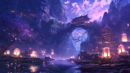 Fototapeta premium Enchanting Night in a Mystical Asian Village Digital Fantasy Art