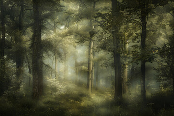 Obraz premium Enchanted Tranquility: The Serene Beauty of a Mystical Forest Bathed in Ghostly Light