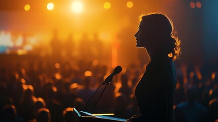 Woman Speaking on Stage with Audience in Dramatic Lighting Setup