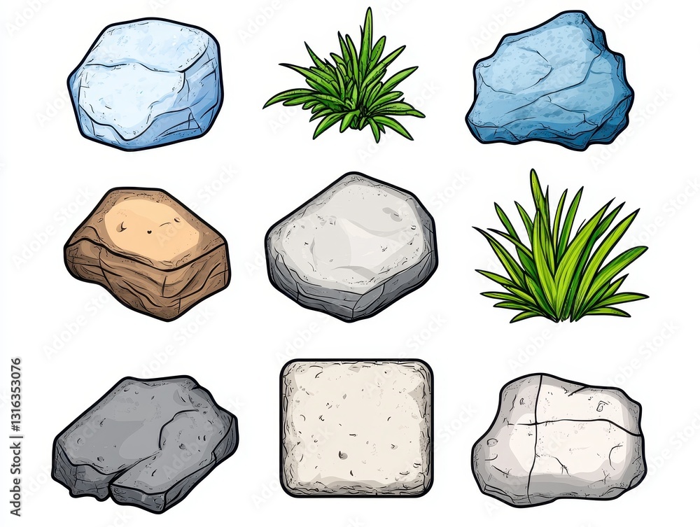 Poster a collection of stylized rocks and grass elements suitable for digital design use