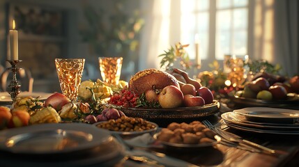 A family gathering for Yom Kippur break fast with an assortment of traditional dishes.