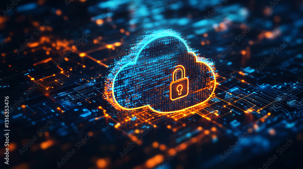 Poster secure cloud computing digital data network technology concept safe blue glow safety future modern