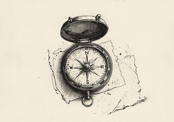 The design features a scratch board imitation engraving of a vintage compass sketch, presented as a black and white hand drawn PNG illustration suitable for T-shirt apparel print
