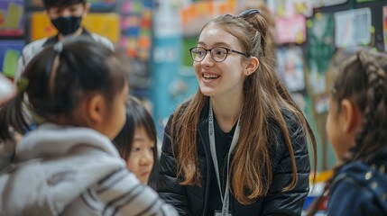 Dedicated female teacher engaging with enthusiastic elementary students, nurturing curiosity, inspiring a lifelong passion for learning.