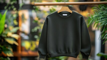 Fototapeta premium Dark Green Knit Sweater Hanging in Greenery