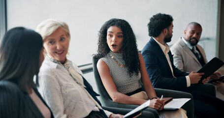 Hiring, group and business woman in discussion in waiting room for cv tips, help and job hunting. Happy candidate, recruitment and conversation in office for career search, human resources and resume