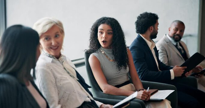 Hiring, group and business woman in discussion in waiting room for cv tips, help and job hunting. Happy candidate, recruitment and conversation in office for career search, human resources and resume