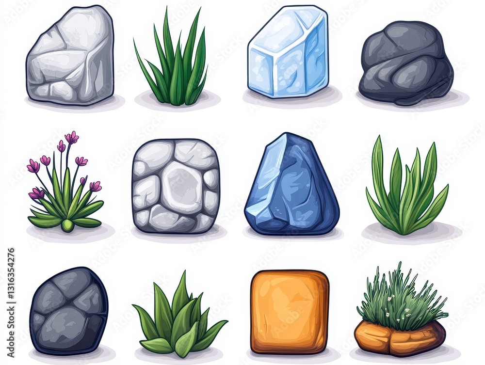 Poster a collection of stylized rocks and plants arranged in a grid pattern