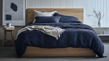 Generative AI, Modern Minimalist Bedroom with Wooden Bed Frame and Neutral Tones