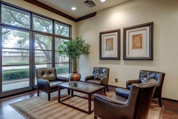 Fototapeta premium Luxurious waiting room with leather chairs, large windows, and artwork.