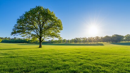 Single Tree in a Lush Green Field Under a Bright Sunny Sky