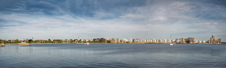 Copenhagen coastline with waterfront residential apartment blocks along Svanemølle Bay and Tuborg Havn, Hellerup, Denmark