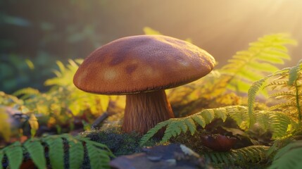 Glowing mushroom amidst ferns in sunlight 