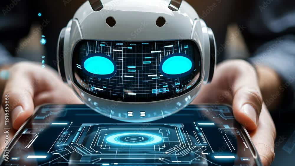 Poster futuristic robot projecting interface on tablet held by a person in a modern setting