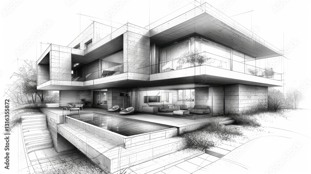 Poster modern family home with sharp inking and photorealistic rendering attention to detail