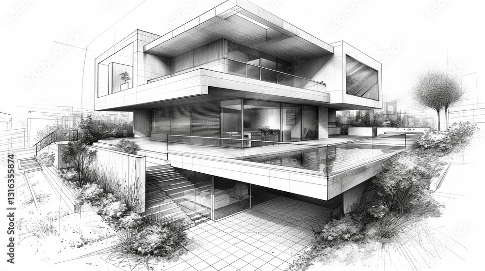 Poster modern family home with sharp inking and photorealistic rendering attention to detail and clean line