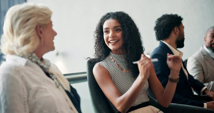 Recruitment, group and business women talking in waiting room for feedback, advice and job hunting. Happy candidate, hiring and conversation in office for career search, human resources and interview