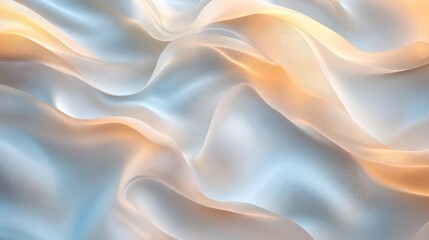 Fototapeta premium Abstract Silk Texture with Flowing Waves in Light Blue, White, and Warm Orange Tones.