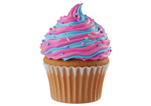 Isolated Swirled Pink and Blue Cupcake with Colorful Sprinkles